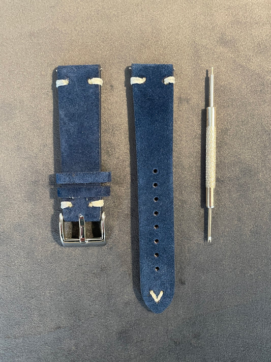 Blue Suede Double Stitch Strap 18mm, 20mm, 22mm