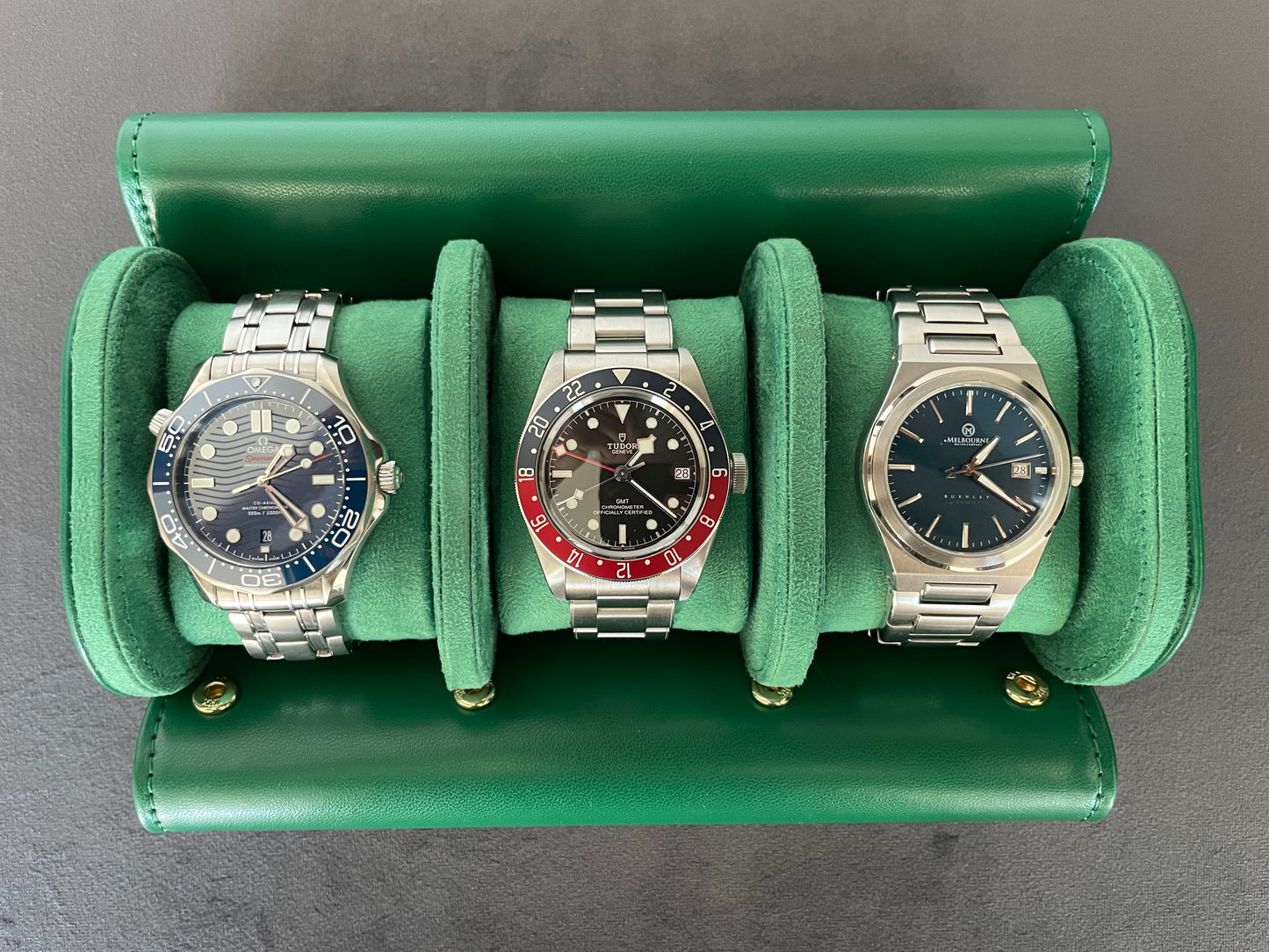 Green Leather Watch Roll 1, 2 and 3 Slot