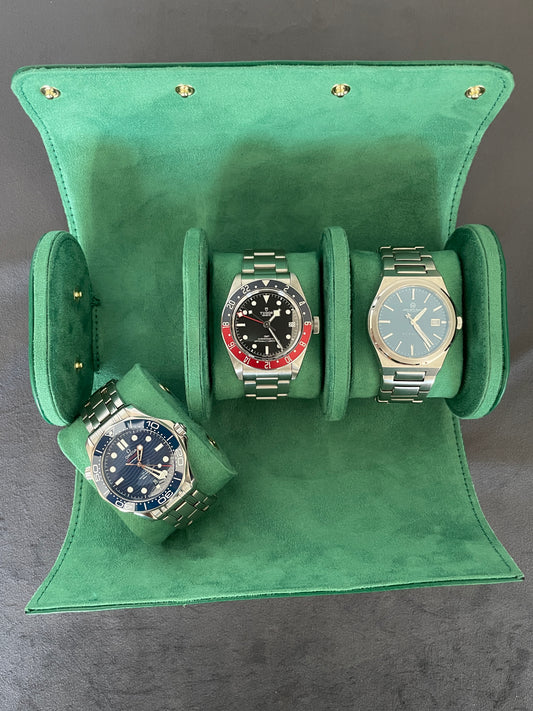 Green Leather Watch Roll 1, 2 and 3 Slot