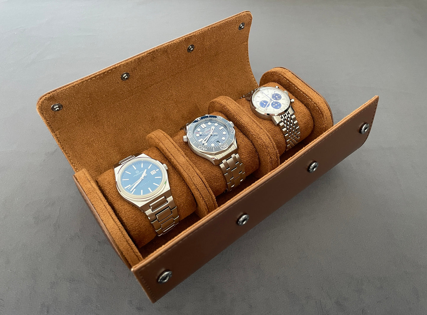 Tan Leather Watch Roll 1, 2 and 3 Slot