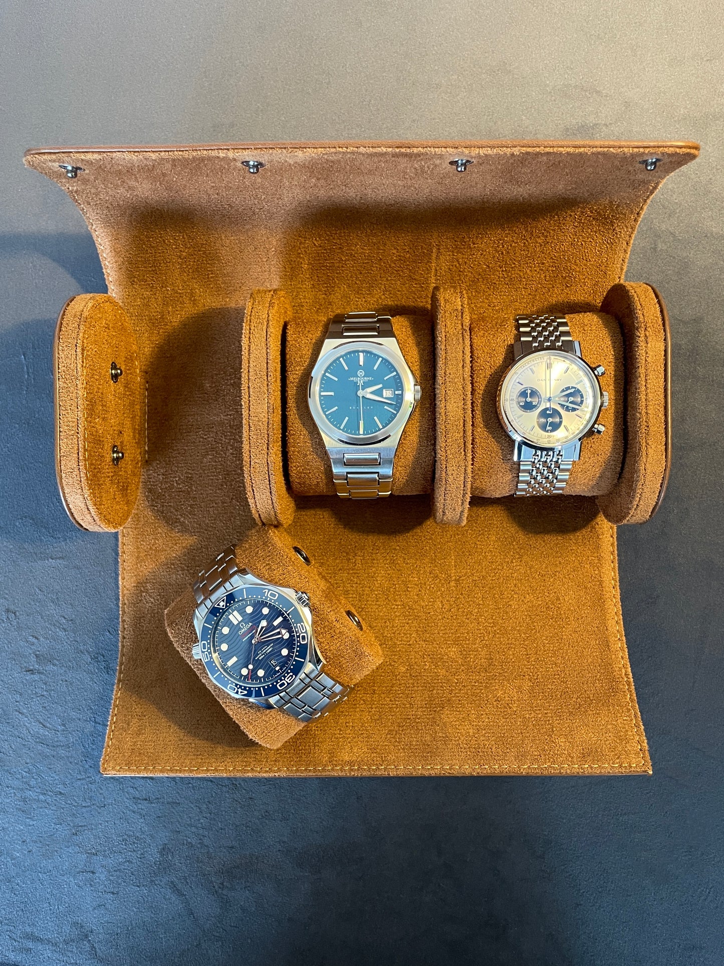 Tan Leather Watch Roll 1, 2 and 3 Slot