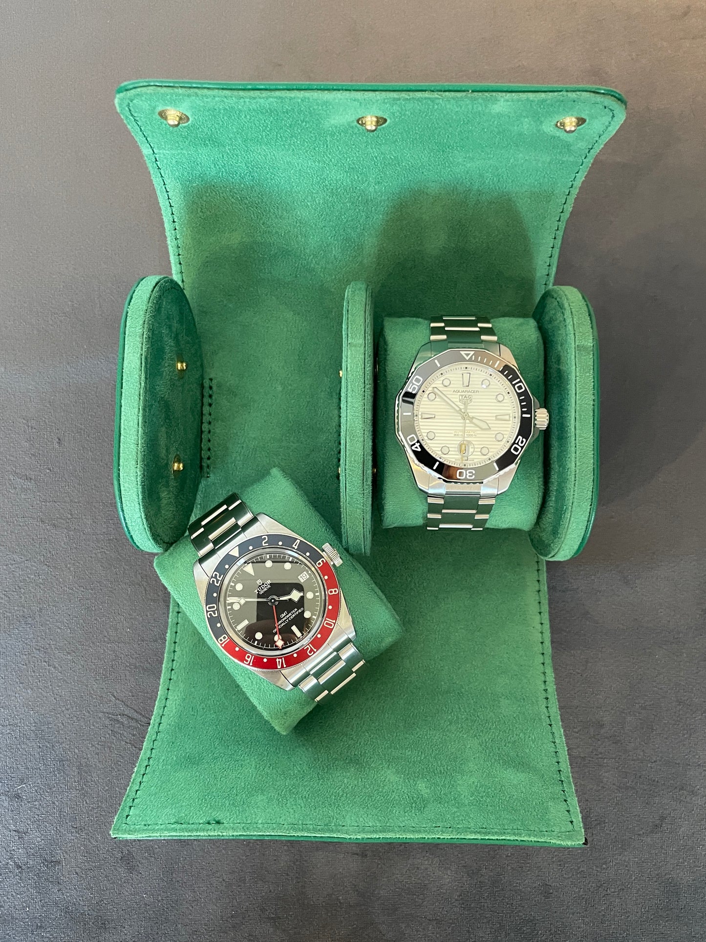 Green Leather Watch Roll 1, 2 and 3 Slot