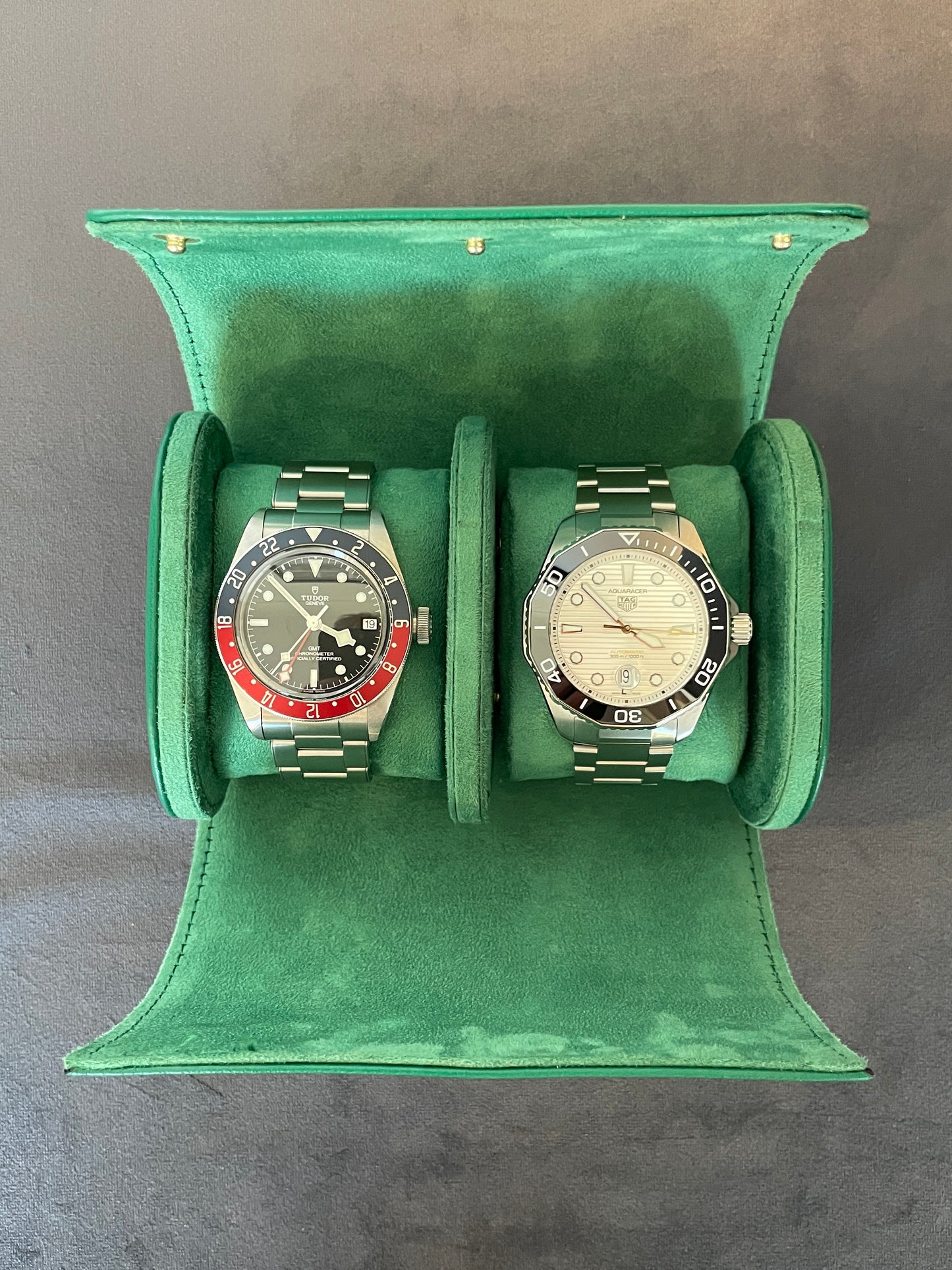 Green Leather Watch Roll 1, 2 and 3 Slot