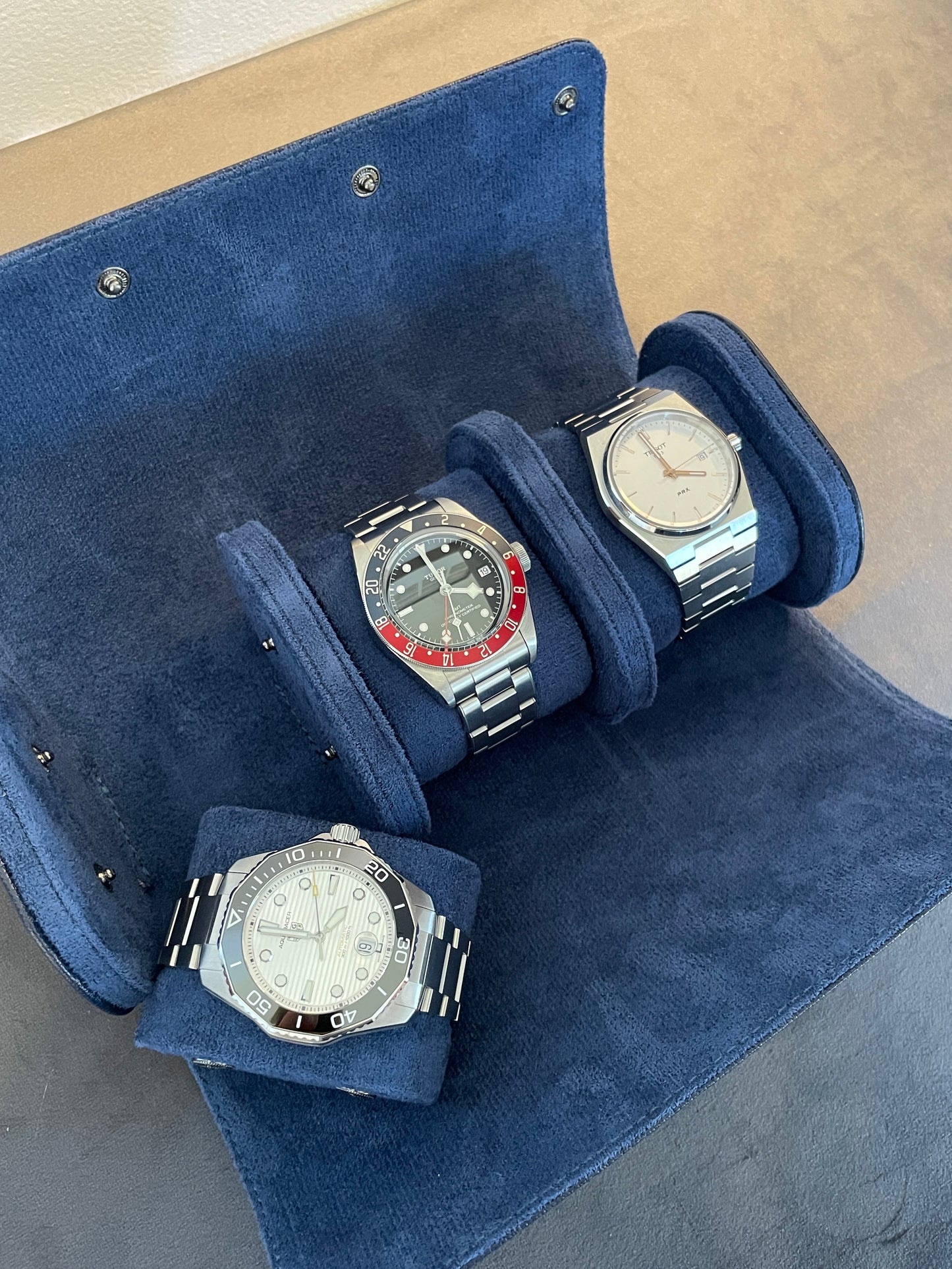 Blue Leather Watch Roll 1, 2 and 3 Slot