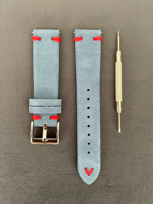 Light Blue Suede Double Stitch Strap 18mm, 20mm, 22mm