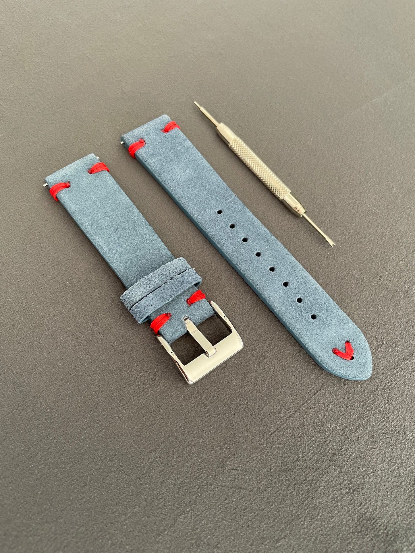 Light Blue Suede Double Stitch Strap 18mm, 20mm, 22mm