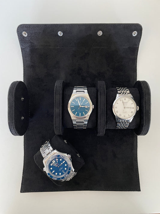 Black Leather Watch Roll 1, 2 and 3 Slot